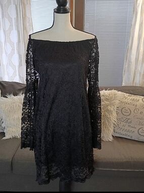 R. Rouge Black Lace Overlay Off-Shoulder  Women’s Bell Sleeve Goth Vamp Dress